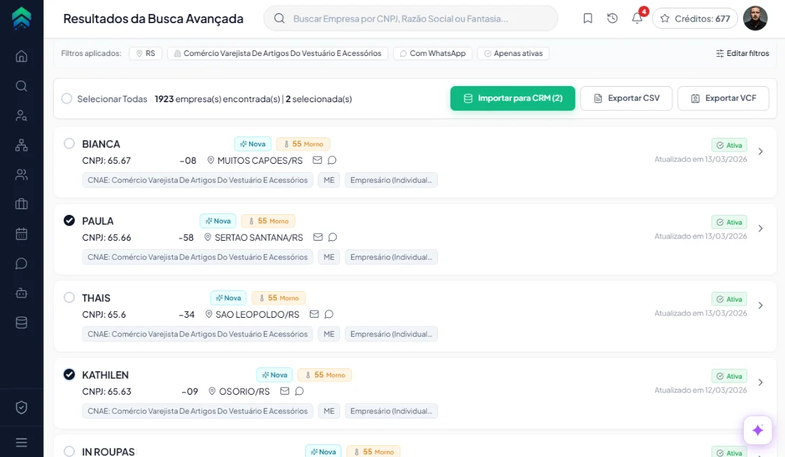 LeadCNPJ — busca avançada de empresas B2B por CNAE, porte e região com resultados enriquecidos (telefone, e-mail, situação cadastral) prontos para prospectar distribuidores, varejistas e revendas em indústria e atacado.