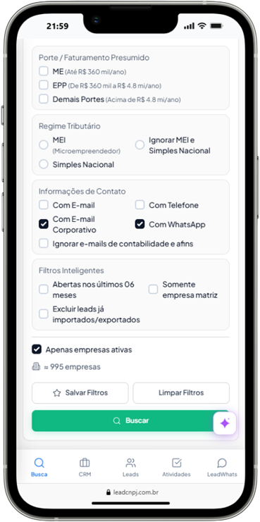 Busca avançada de empresas no celular — filtros por CNAE, porte e região para prospecção de corretoras de seguros na LeadCNPJ.