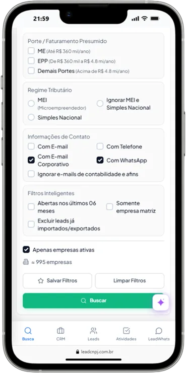 Busca de empresas por CNAE no celular — filtros por código de atividade, estado e porte aplicados a 69M de CNPJs na LeadCNPJ.