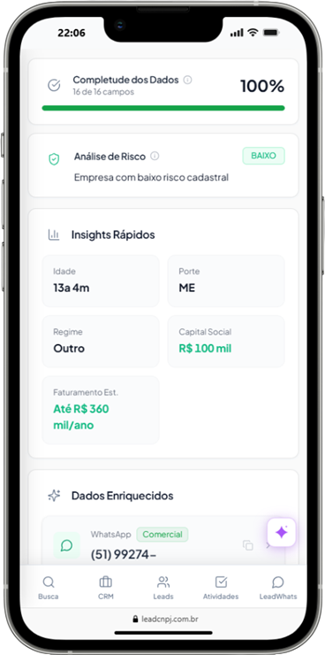Consulta de CNPJ com dados cadastrais para o KYC de fintechs — app mobile da LeadCNPJ.