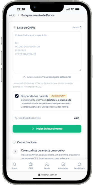 App mobile da LeadCNPJ — lista de leads com telefone e e-mail enriquecidos da base RFB + web.