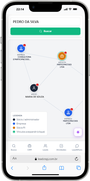 Consulta de CNPJ e quadro societário (QSA) para due diligence — app mobile da LeadCNPJ.