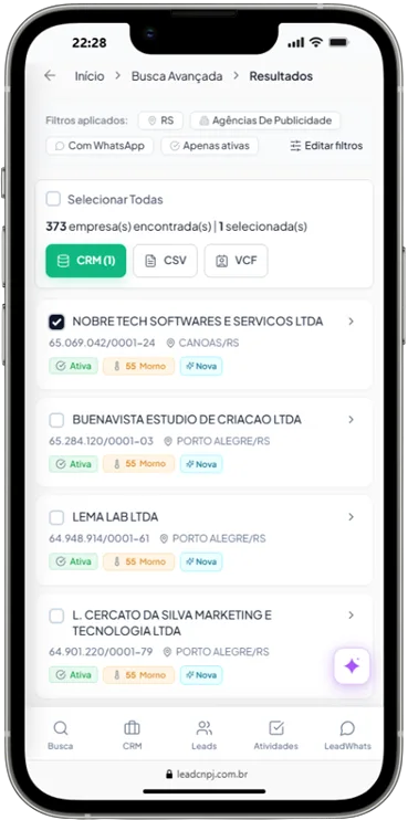 Busca de leads B2B no celular — 69M empresas da Receita Federal filtradas por CNAE, porte e região na LeadCNPJ.